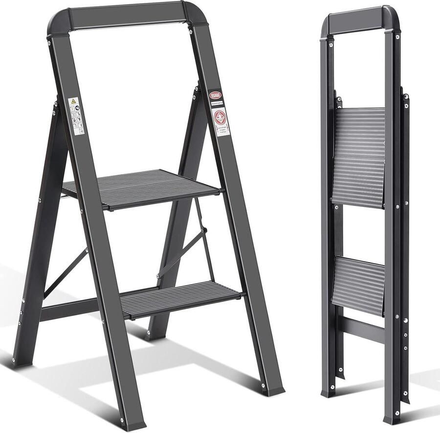 Vouwladder 2 treden met leuning en antislip Huishoudladder aluminium belastbaar tot 150 kg zwart