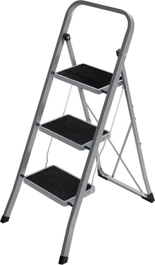 Vouwladder 3-sporten ladder vouwladder sportbreedte 20 cm antislip rubber met handvat draagvermogen 150 kg staal grijs en zwart