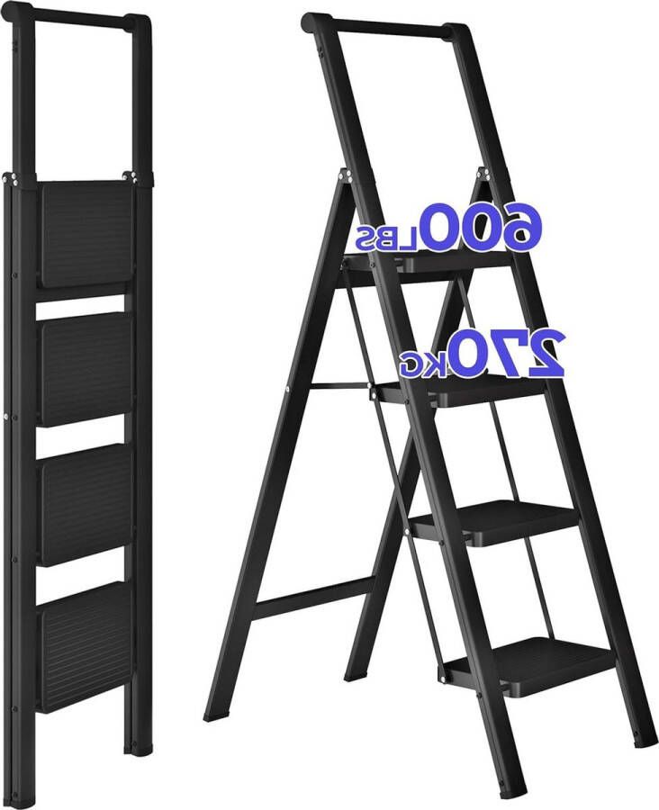 Vouwladder Antislipmat Opvouwbaar Heavy Duty Draagbaar Huishoudtrap Met Leuning 4 Treden Zwart