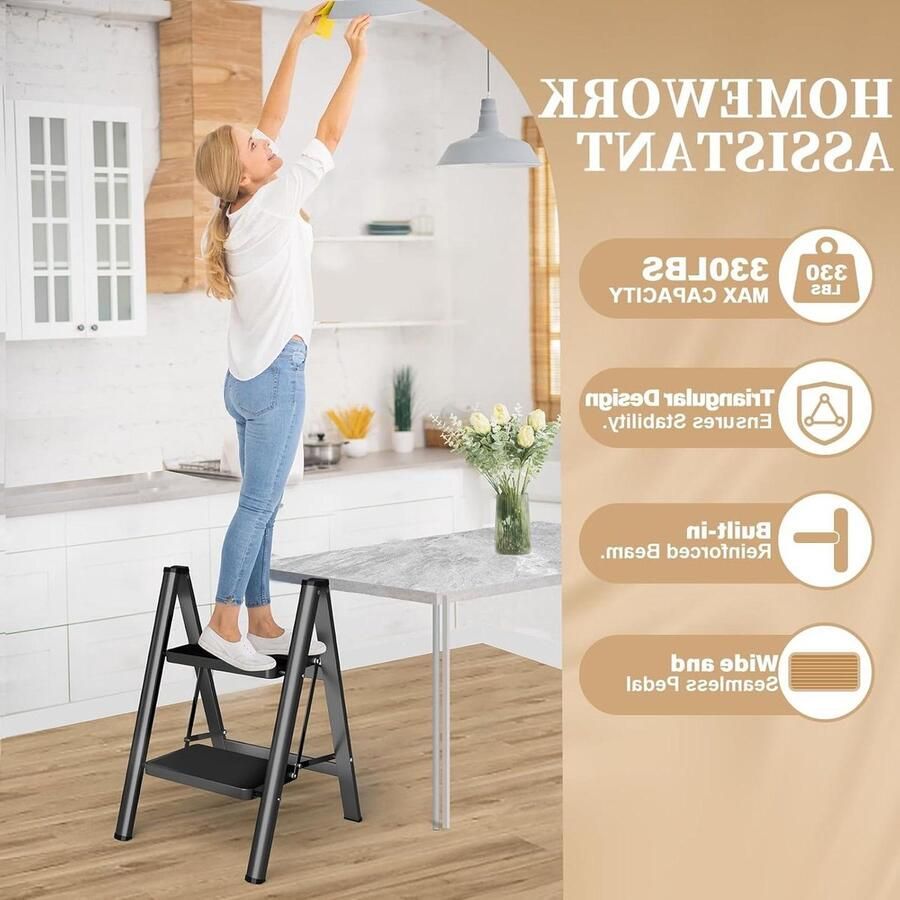 Vouwladder met 2 treden Groot antislip platform Capaciteit 150 kg Zwart Ladder