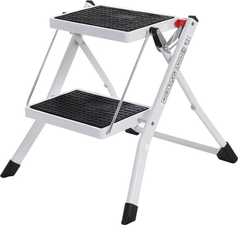 Vouwtrap met 2 treden ladder 20 cm brede treden antislip rubberen mat met draaggreep tot 150 kg belastbaar van staal wit-zwart