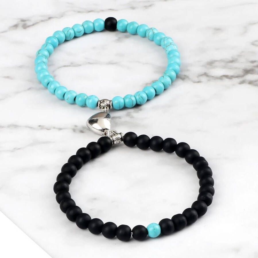 Merkloos Sans marque Armband set met magneet | Koppel armband | Turquoise Zwart kralen | Armband dames Armband heren Romantisch cadeau Vriendschap armband