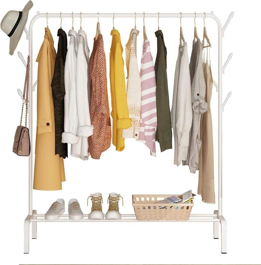 Vrijstaand metalen kledingrek droogrek voor slaapkamer opbergrek voor schoenen en dozen wit