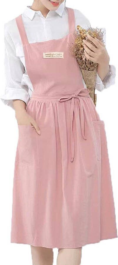 Vrouwen Japanse Katoenen en Linnen Schort met Kruisbandjes Effen Kleur Vintage Keukenschort met Zakken Chef Tuinieren Bloemist