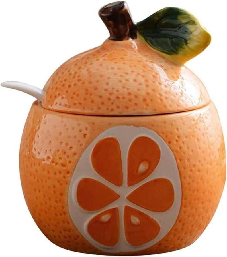 Vruchtvormige Keramieken Suikerkom Zoutpot Peper Opbergpot met Deksel en Lepel Kruidendoos Kruidenpotten (Oranje Pomelo) Zoutpot