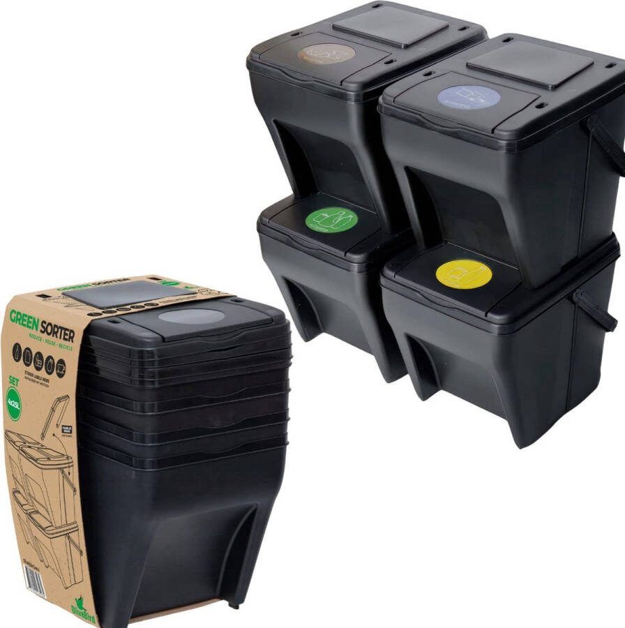 Vuilnisbak 4 vakken afvalscheidingssysteem 100 l 4 x 25 l groen sorter afvalscheider 5 stickers kleuren afvalscheider voor biologisch afval papier glas afvalscheidingssysteem voor afvalscheiding in de keuken
