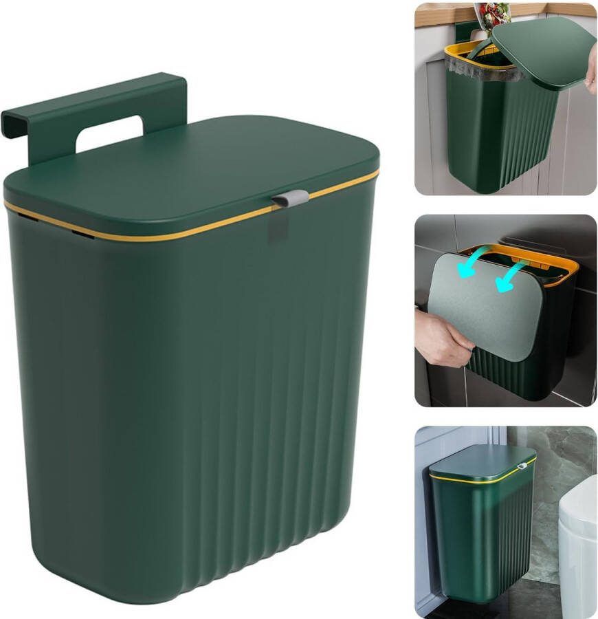 Vuilnisbak keuken compostemmer voor keuken 9 liter hangende vuilnisemmer met deksel voor keuken en badkamer werkblad of onder de gootsteen (donkergroen)