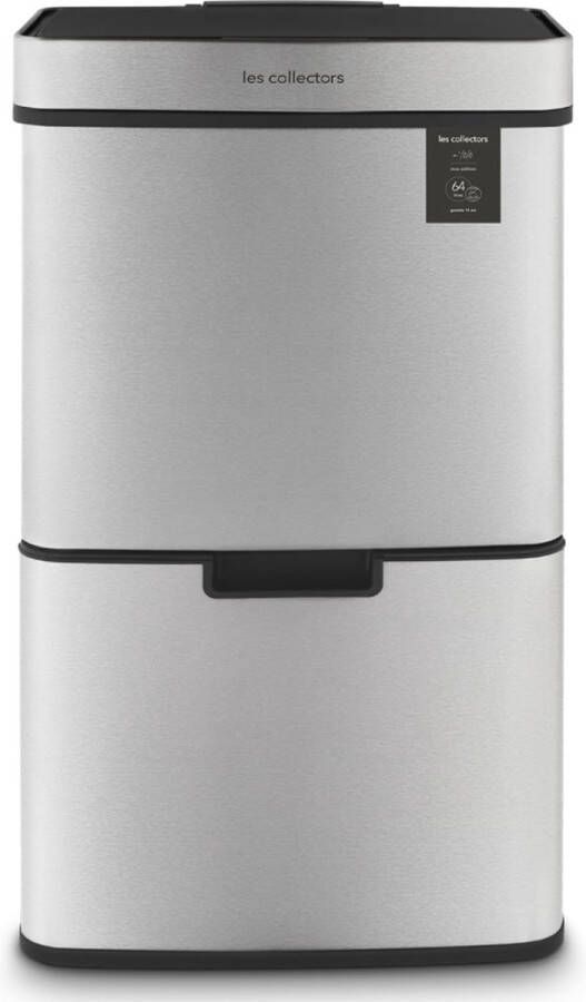 Vuilnisemmer voor recycling met sensor geborsteld roestvrij staal N°1010 inhoud 64 l 3 vakken (42 + 11 + 11 l) automatische opening boven infrarood detectiesysteem