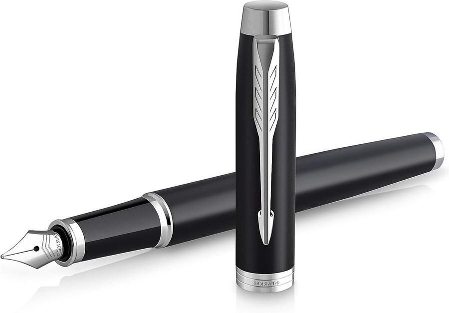 Vulpen Mat Zwart met Chromen Sierdelen Fijne Punt en Blauwe Inkt Geschenkdoos