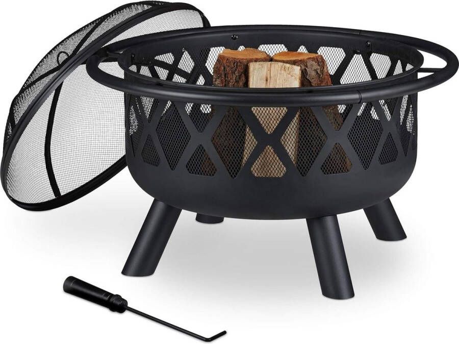 Vuurkorf doorsnede 75 cm zwart vonkenscherm pook vuurschaal tuin-terras staal buiten
