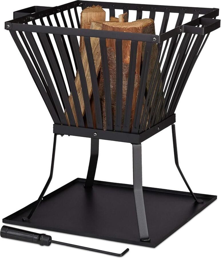 Vuurkorf met pook Terras en Tuin Vuurschaal met Onderplaat HBD 56x56.5x45cm Zwart