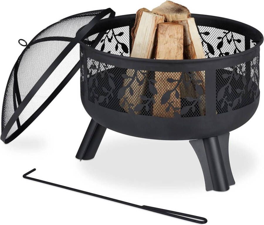 Vuurkorf met vonkenscherm rooster pook bladeren patroon schaal Ø 62 cm vuurton tuin zwart