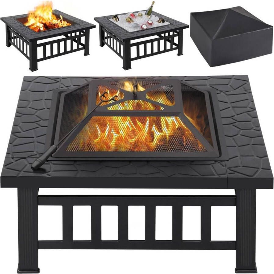 Vuurkorf Met Vonkenscherm Vuurkorf Vuurhaard Met Deksel Vierkante Terrashaard Openhaard Vuurton Vuurmand Op Voeten Kachel – Buitenhaard 81 x 81 x 36.5 cm