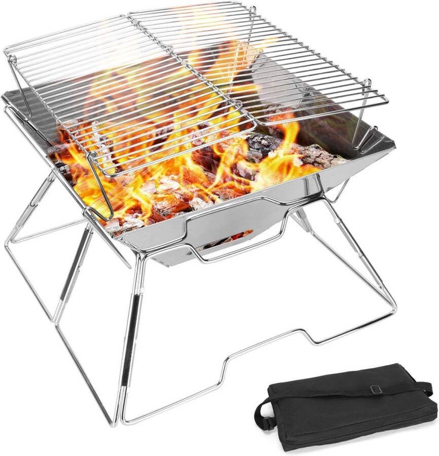 Vuurkorf Opvouwbare Hout- en Houtskoolgrill Campingtuinterras 304 Roestvrijstalen Grill Draagbare Barbecue Duurzame Campinggrill met Draagtas