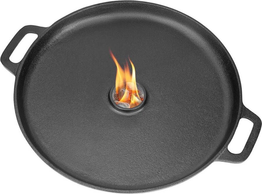 Vuurplaat Gietijzer Ø 35cm Grillring Plancha BBQ Grillplaat Raketoven Gasbarbecue Houtskoolbarbecue Handvat Vuurring Druppelbescherming Gat 58cm Dikte 4mm