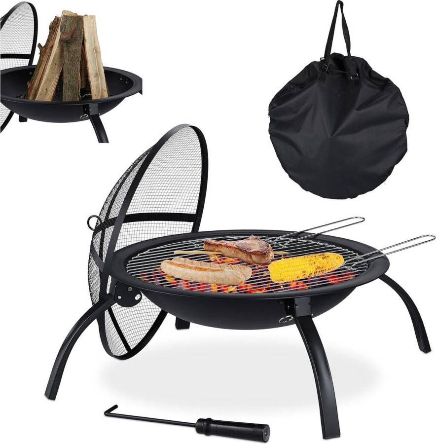 Vuurschaal met tas en barbecuerooster pook vonkendeksel tuin terras vuurkorf 56.5 cm zwart