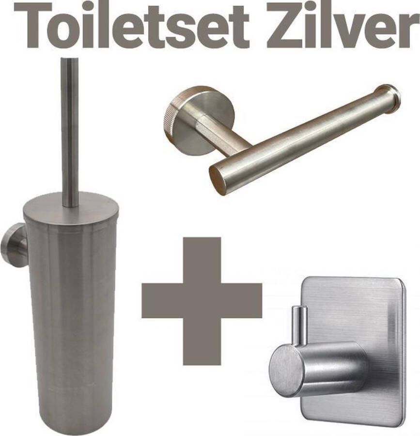 Waal© Toilet set Toiletset Toiletaccessoiresets Toiletaccessoires Toiletborstels Wcborstel handdoek haakje houder Chroom geborsteld Zilver zelfklevend schroeven WC rolhouder handdoekhouder handdoekhaak