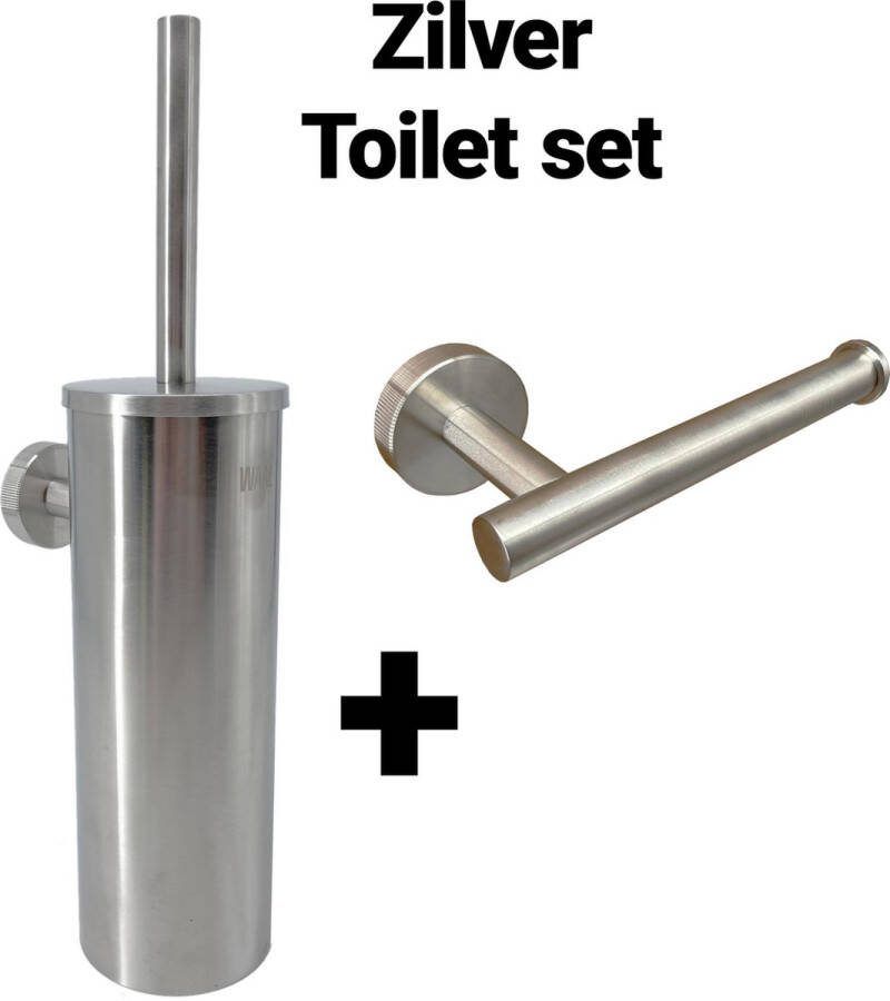 Waal© Toilet set Toiletset Toiletaccessoiresets Toiletaccessoires Toiletborstels Wcborstel handdoek haakje houder Chroom geborsteld Zilver zelfklevend schroeven WC rolhouder Planchet handdoekhouder handdoekhaak
