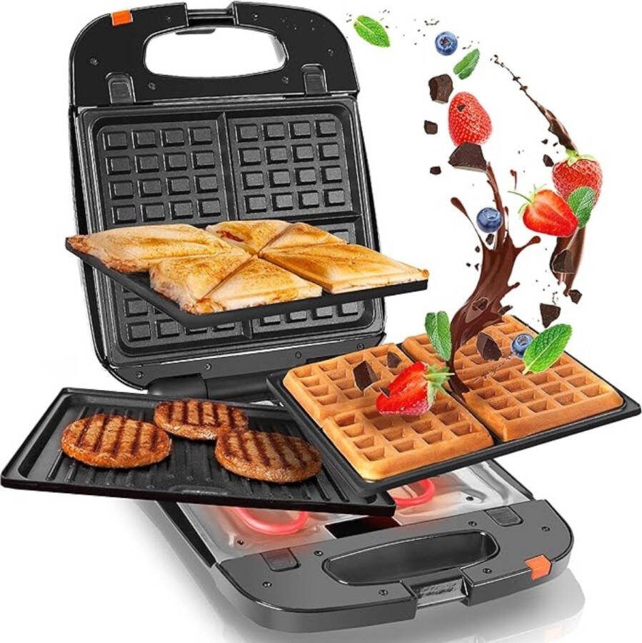Wafelijzer Wafelmachine 3-In-1 Antiaanbaklaag 1200W Indicatielampje Zwart