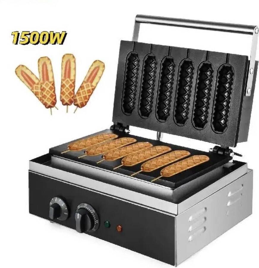 Wafelijzer Worstmaker Wafel Worst Maker Hotdog machine 6 Worstjes Non stick oppervlak RVS Zwart