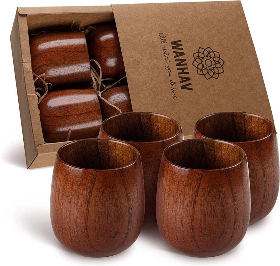 Wan Hav Mokken Set – stijlvolle houten bekers voor koffie en thee – duurzame houten bekers – innovatief design – set van 4 à 100 ml – houten bekers zonder handvat incl. warmte-isolatie