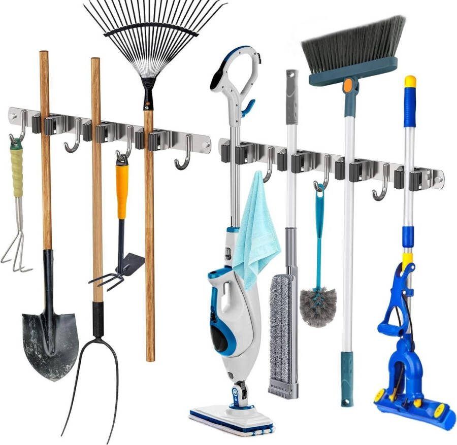 Wand Bezemhouder 2 Stuks Gereedschapshouder Haaklijst Tuingereedschap Houder 7 Houders en 7 Haken Gereedschapswand