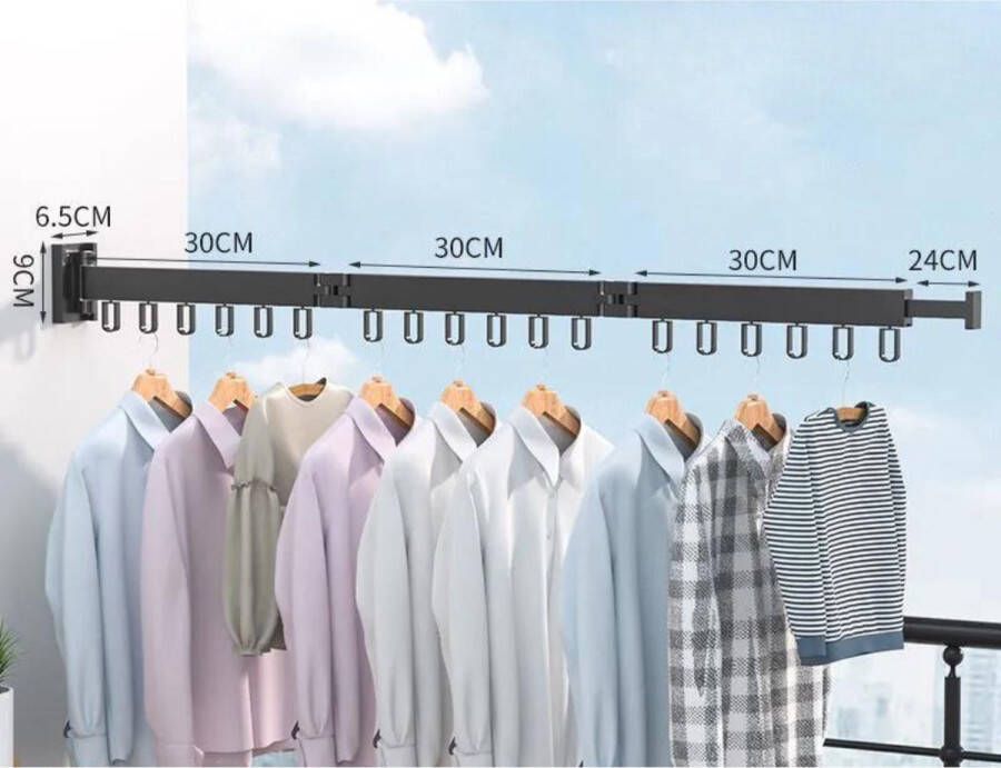 GUTEC Wanddroogrek Inklapbaar 18 Haken Droogrek Muur Wandmontage Ophangbaar Clothes Rack Uitschuifbaar + Montage Kit Zwart