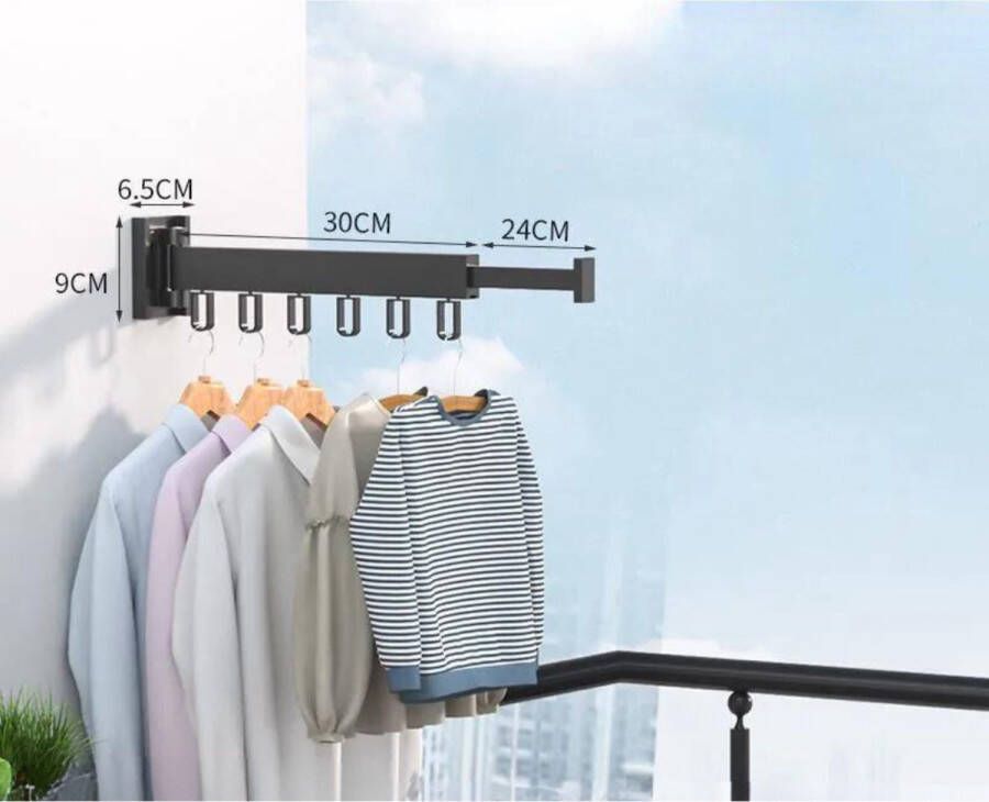 GUTEC Wanddroogrek Inklapbaar 6 Haken Droogrek Muur Wandmontage Ophangbaar Clothes Rack Uitschuifbaar + Montage Kit Zwart