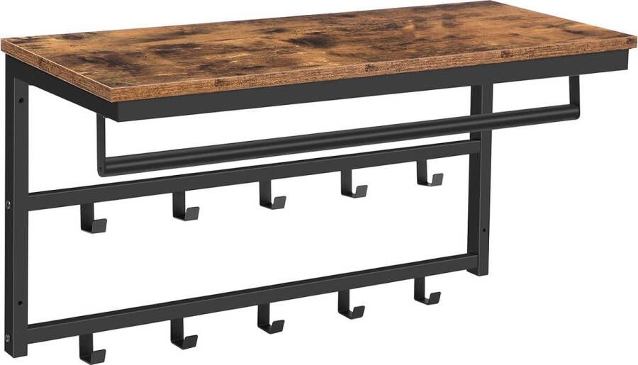 Wandgarderobe wandkast met legbord wandrek met 10 haken en stangen hoedenplank hangrek 80 x 30 x 42 cm voor hal woonkamer slaapkamer industriële stijl vintage bruin-zwart EBF12YM01