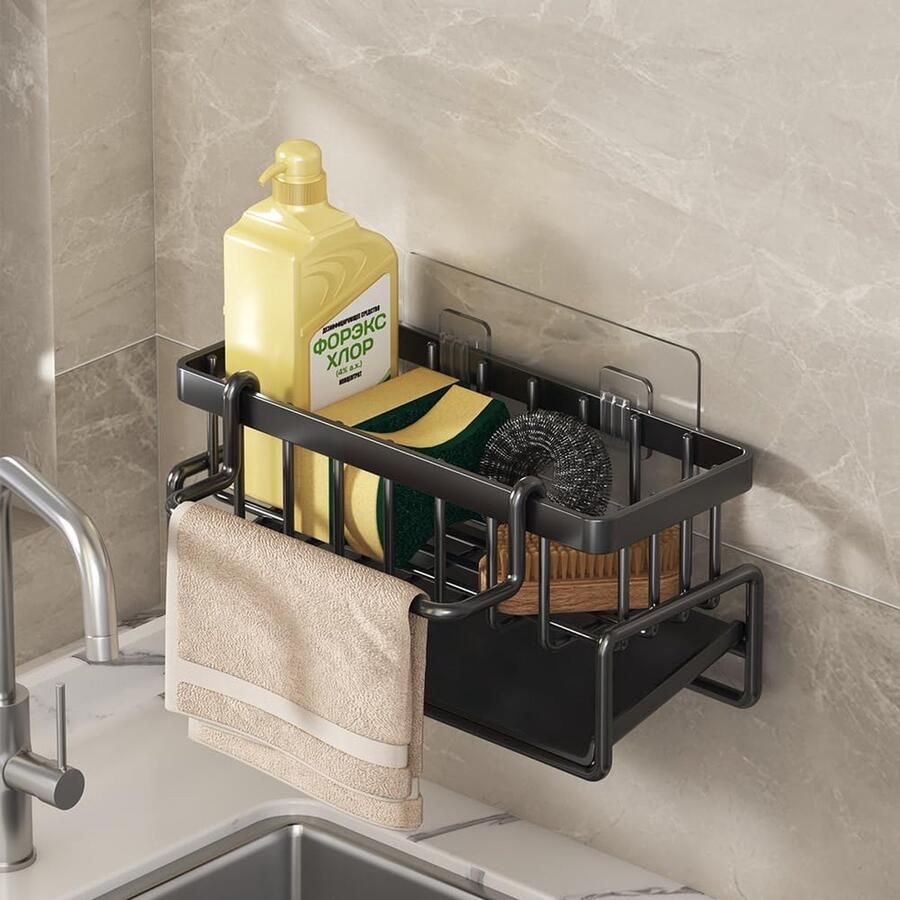 Wandgemonteerde gootsteencaddy voor keuken gootsteenopbergrek aanrecht huishoudelijke sponshouder met snelafvoerbak zwart