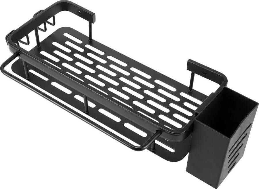 Wandgemonteerde keukenorganizer zonder boren sponshouder met haken wandplanken voor keuken met lapstaaf hangend metalen keukenkruidenrek met eetstokjeshouder (zwart