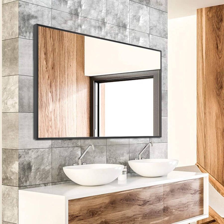 Wandgemonteerde spiegel rechthoekige hangende spiegel metalen ingelijste wandspiegel beste voor badkamer wasruimte slaapkamer woonkamer (zwart 36 x24)