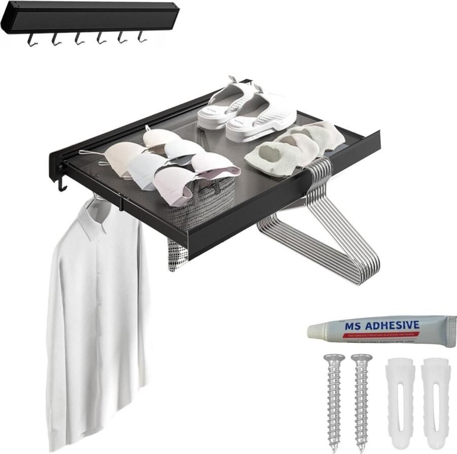 Wandgemonteerde waslijn opvouwbare waslijn met intrekbaar droogrek voor terras slaapkamer keuken compact aluminium. 44x4 7x2 2cm