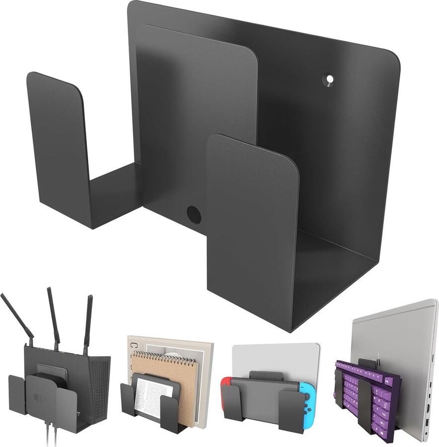 Wandhouder voor laptop tablet toetsenbord dubbellaags ontwerp universeel metalen opbergrek voor 2 apparaten beugelhouder voor tv-box-router e-reader wit