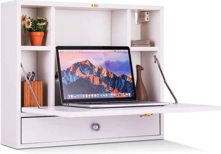 Wandklaptafel met plank werktafel voor pc-computer wandkast uitklapbaar pc-bureau modern computertafel ruimtebesparend laptoptafel hout bruin wit (wit)