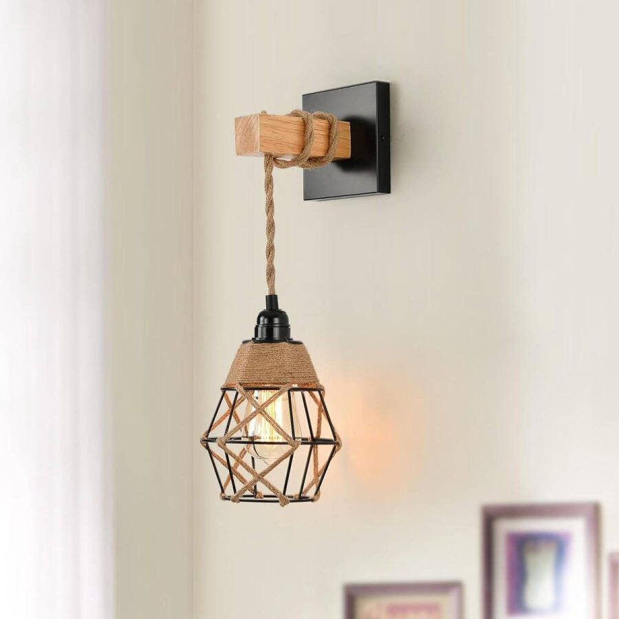 Wandlamp met 16 meter kabel Vintage lampenkap van rotan en henneptouw E27-houderkit voor slaapkamer keuken balkon gangpad