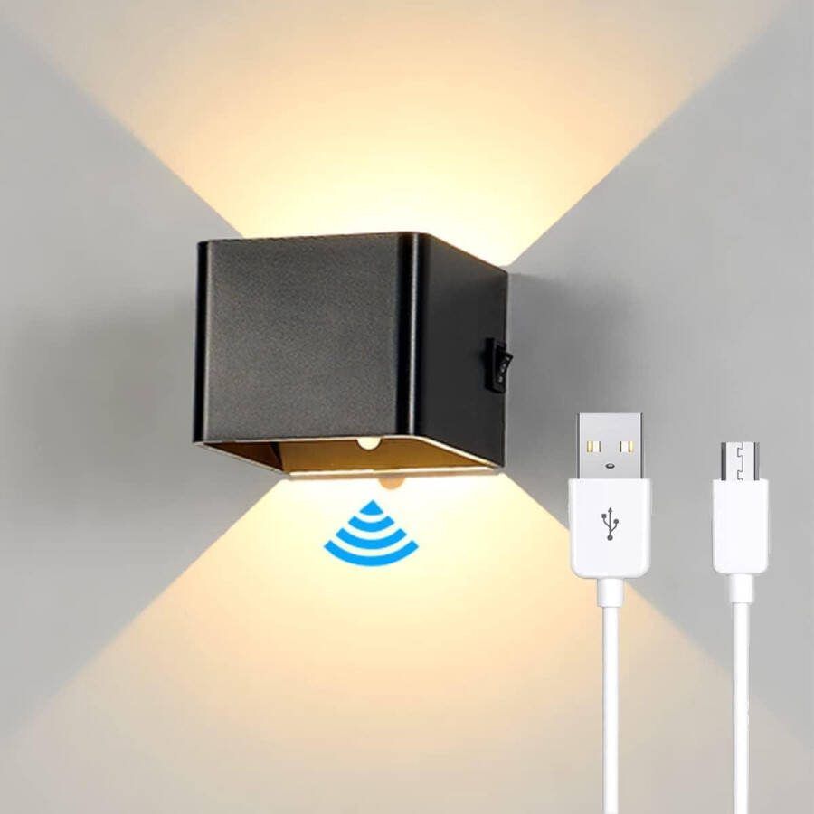 Wandlamp met bewegingsmelder en oplaadbaar 5W 3000K warmwit Batterij Wandlamp zwart slaapkamer woonkamer trap hal