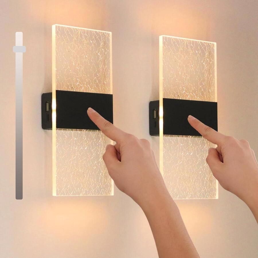 Wandlamp op batterijen met schakelaar Touch-bediening USB-oplaadbaar Nachtlampje voor slaapkamer Warm licht Zwart Set van 2