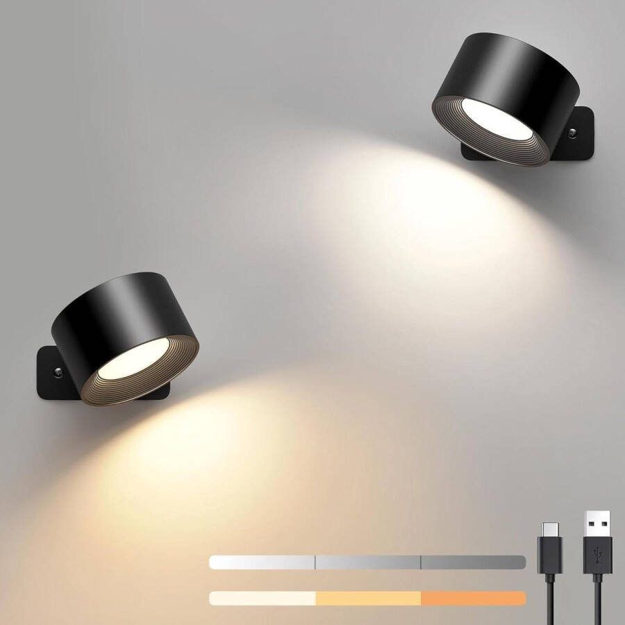 Wandlamp Oplaadbaar -LED wandlamp binnenverlichting 2 stuks 3 helderheidsniveaus 3 kleurmodi bedlamp 360 graden draaibare touch bediening draadloos woonkamer slaapkamer hal zwart Wandlamp Oplaadbaar