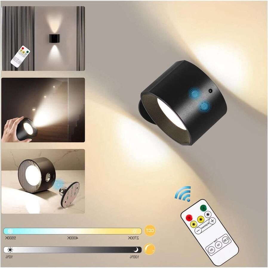 Wandlamp Oplaadbaar Oplaadbare Wandlamp Leeslamp Nachtlampje Batterij 3 Kleurmodi Traploze Helderheid 360 Graden Draaibaar Touch Control Woonkamer Hal Wandlamp Oplaadbaar