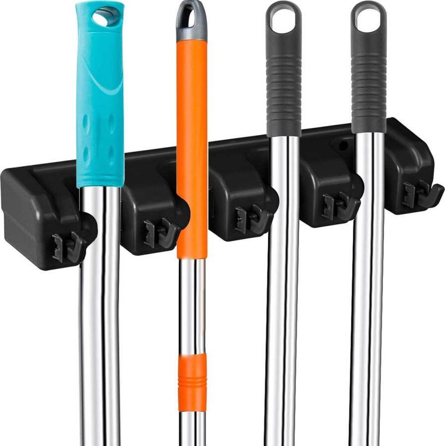 Wandmontage bezemmophouder hanger en organizer gereedschapshouder organizer met 4 houders en 5 haken voor garage tuin keuken badkamer