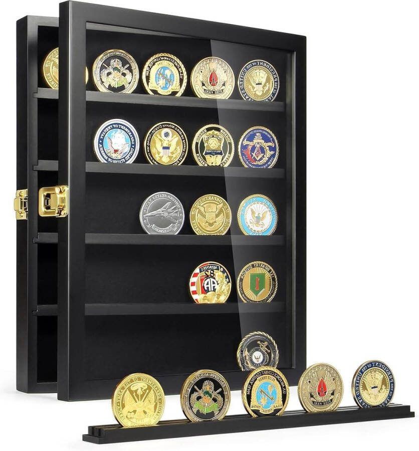 Wandmontage Munthouder voor Militaire Uitdaging Munten Houten Vitrine voor Medailles Badges Casino Poker Chips Zwart