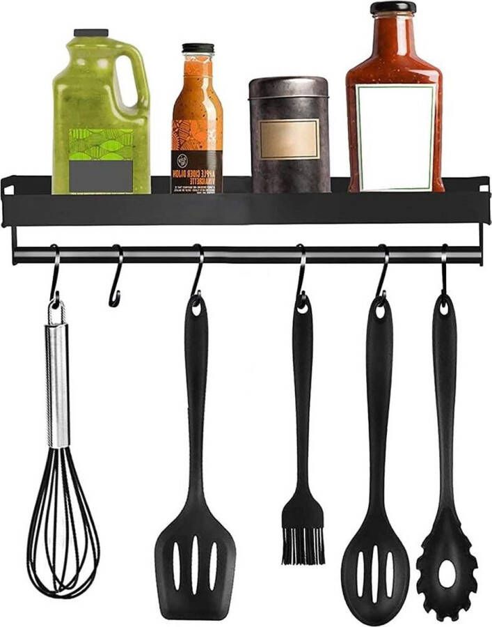 Wandmontage Spice Rack metalen wandbeugelrek met 6 haken drijvende keukenplank voor specerijen handdoeken potten en schop (zwart)