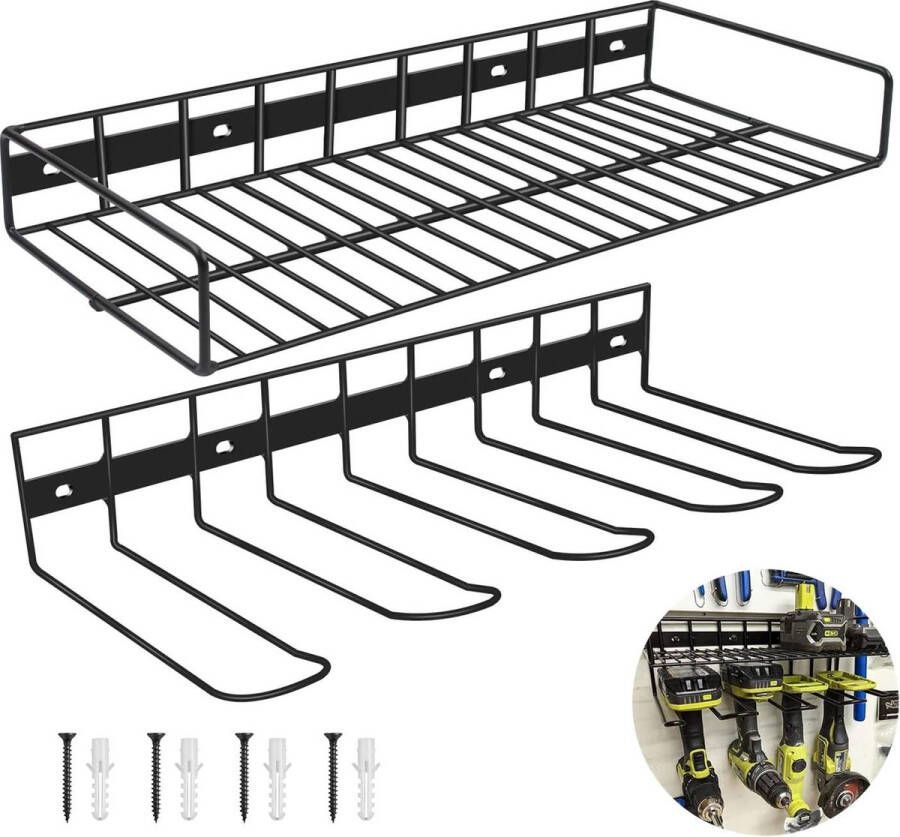 Wandrek gereedschapshouder van metaal voor elektrisch gereedschap opberghouder muurbevestiging boormachine (42 x 20 x 15 cm) Gereedschapswand