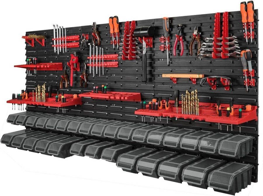 Wandrek met 30 opbergbakken 178 x 78 cm Werkplaats Werkbank Gereedschapshouders sorteerkast