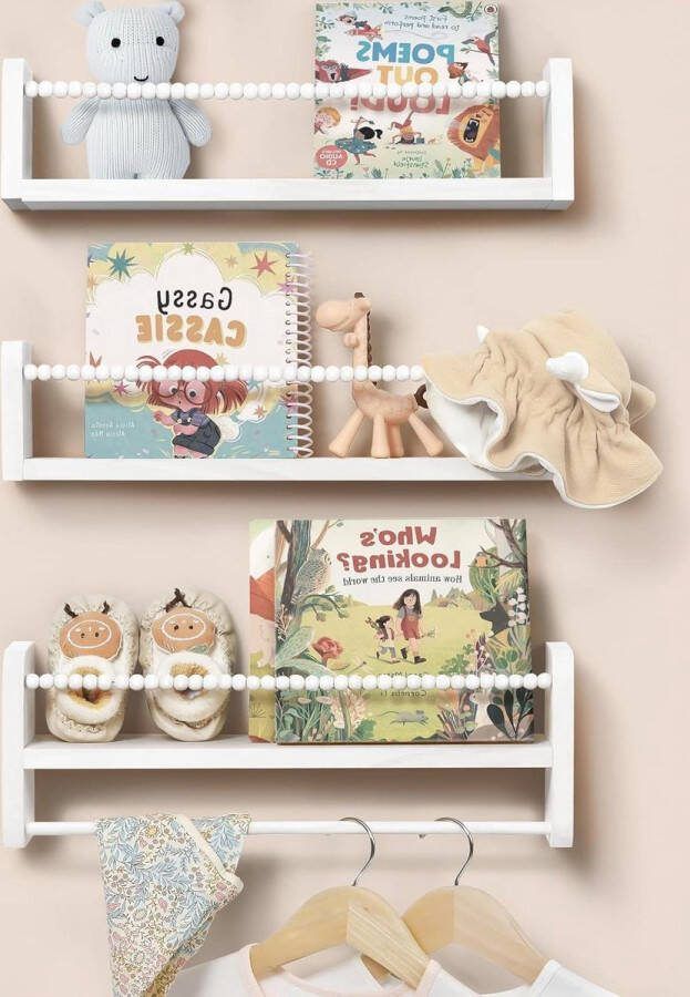 Wandrek voor kinderkamer set van 3 zwevende rekken houten kralendesign wit Opbergrek