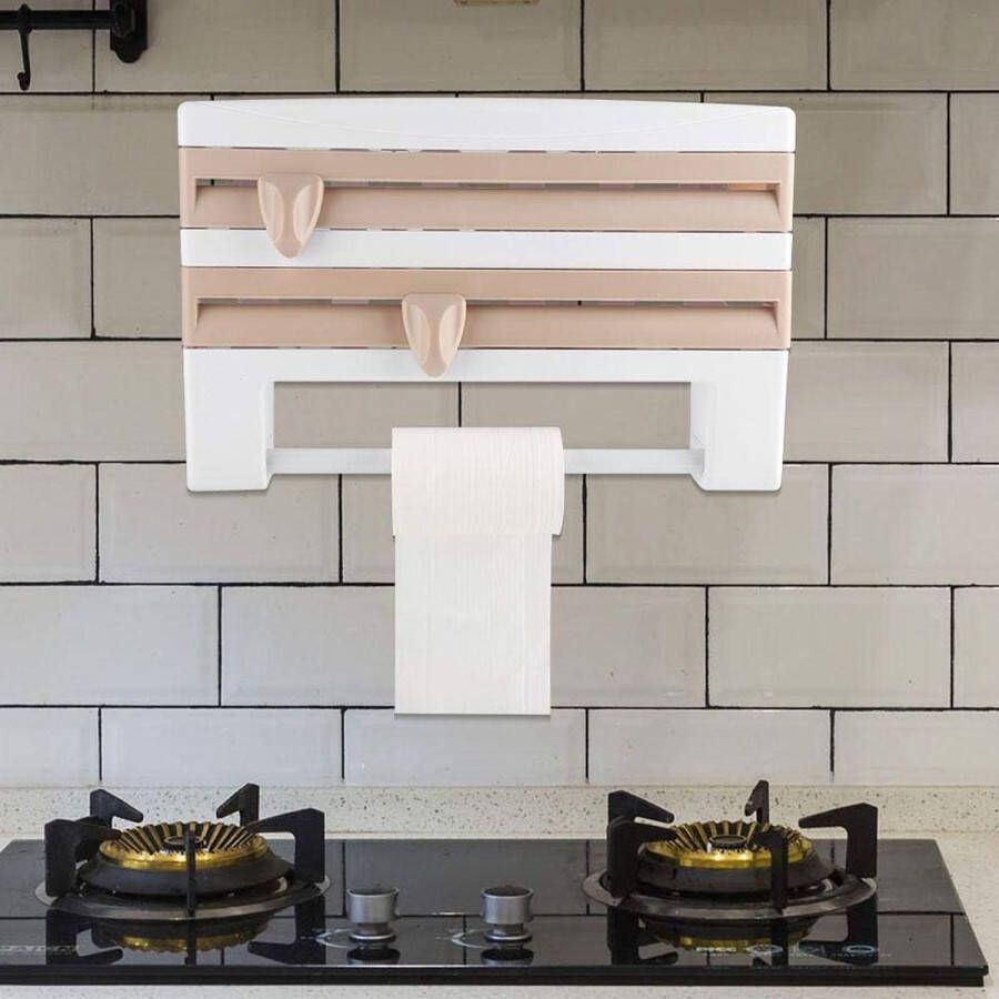 Wandrekfolierol wandhouder opbergrek snijdispenser foliesnijder met opbergoppervlak 3 vakken papierdispenser voor folie en keukenrol