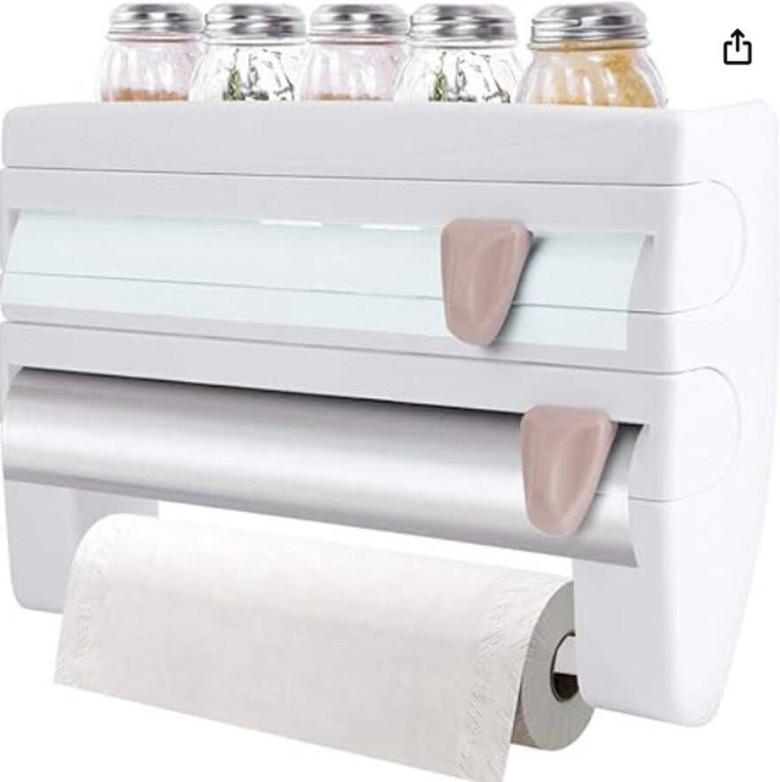 Wandrolhouder drievoudige snijdispenser papierrolhouder met scherpe messen foliesnijder met plank voor in totaal 3 rollen keuken badkamer 39 x 10 x 24 cm(Wit)