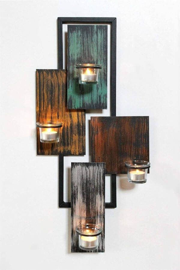 Wandtheelichthouder van metaal wandlamp kaarsenhouder zwart 61 cm
