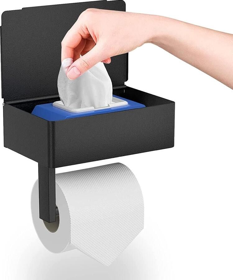 Wandtoiletrolhouder wandgemonteerde toiletrolhouder met opbergrek zwart Toiletrolhouder Plankje & Bakje Planchet Opbergruimte WC Rolhouder Zelfklevend of Borend RVS Waterbestendig